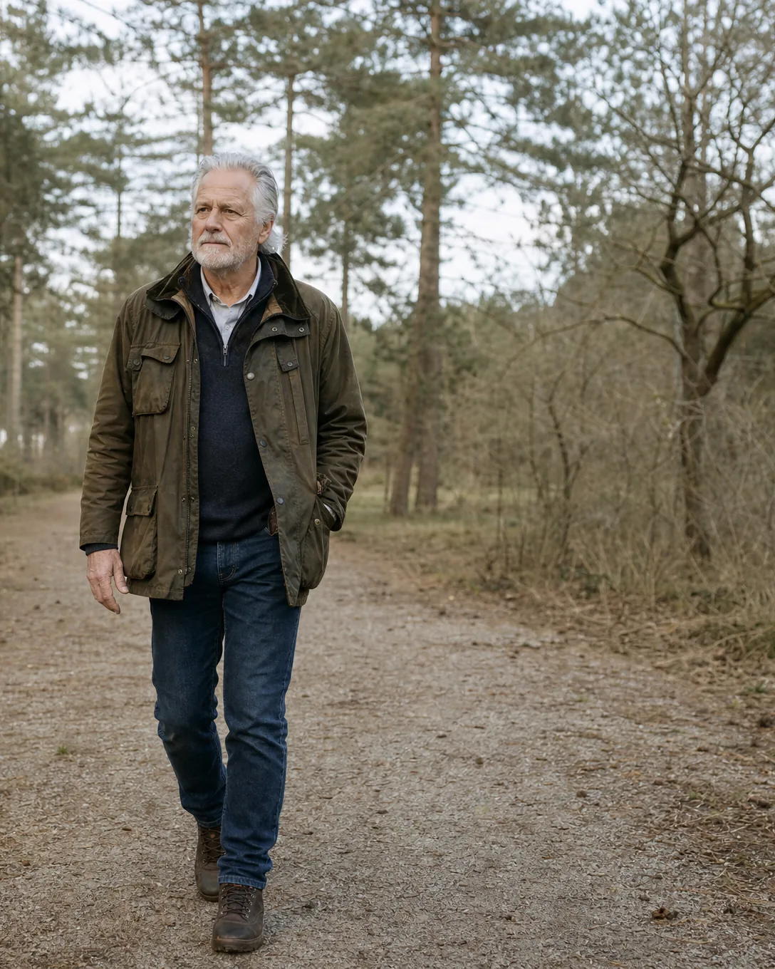 Een man van in de 60 met wit haar en een korte witte baard, in een bruine veldjas, loopt over een grindpad door een bos met dennen en loofbomen.