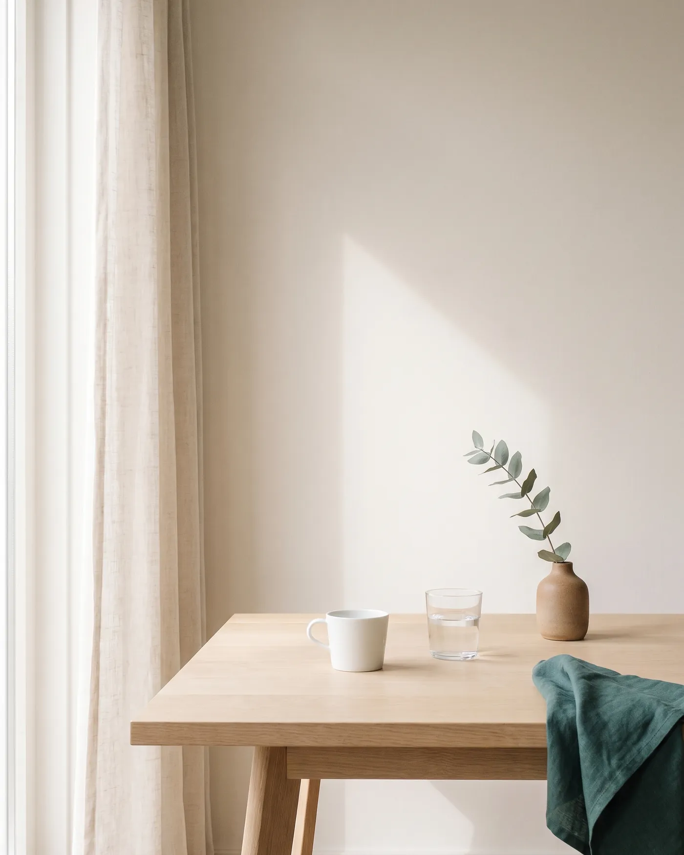 Ochtendlicht door een linnen gordijn op een houten tafel met een wit kopje, rustig en licht.