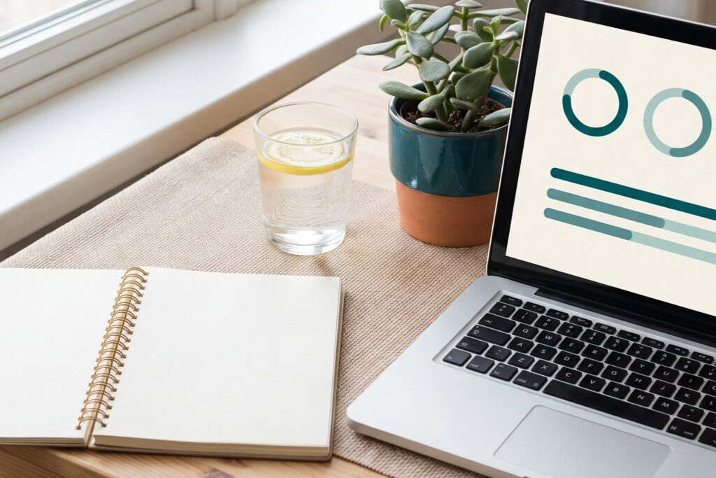 Het bureau van een gezondheidsprofessional bij het raam: een laptop met een BioProfile-analyse in ringen en balken, een opengeslagen notitieboek, een glas water en een klein plantje in het ochtendlicht.