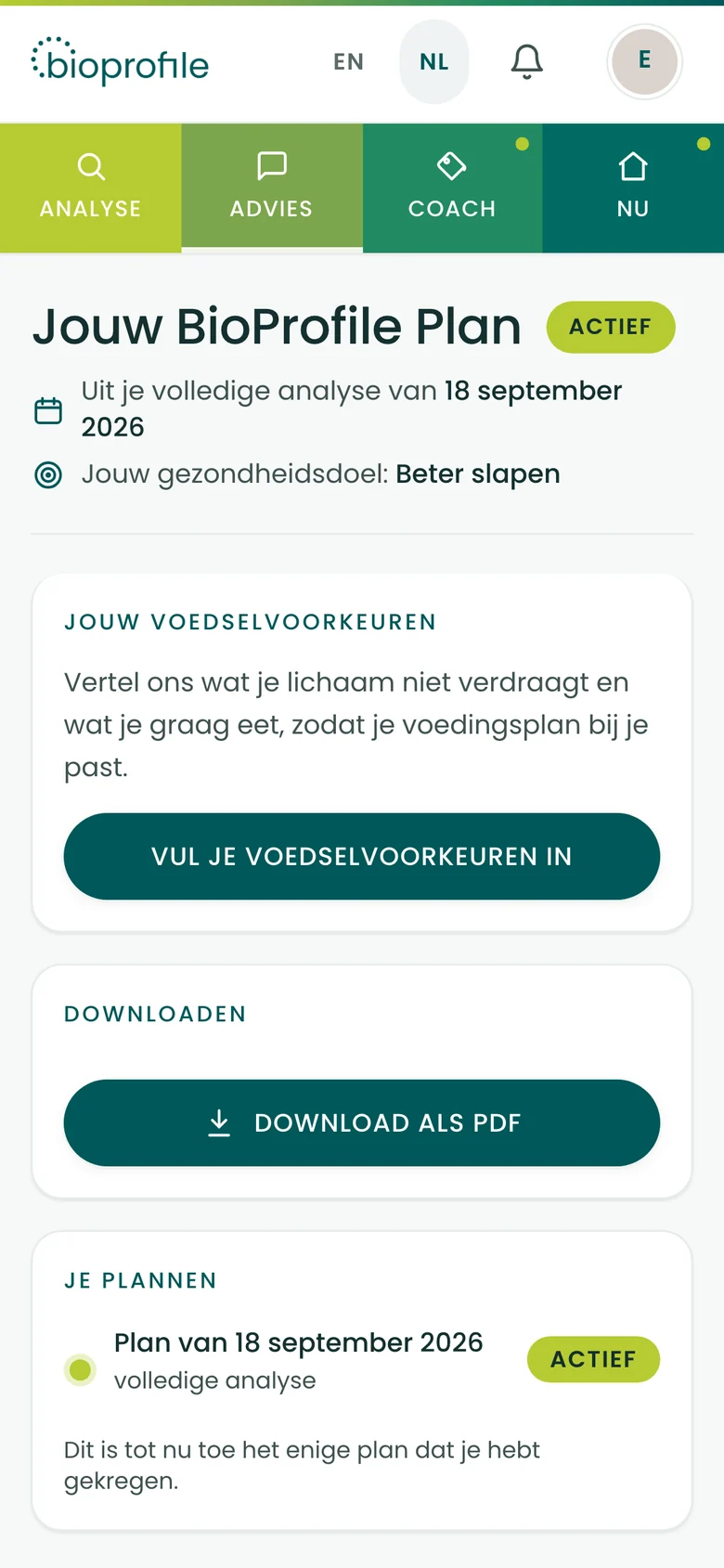 De planpagina van de BioProfile-app op een telefoon: jouw plan, en de vraag naar je voedselvoorkeuren.