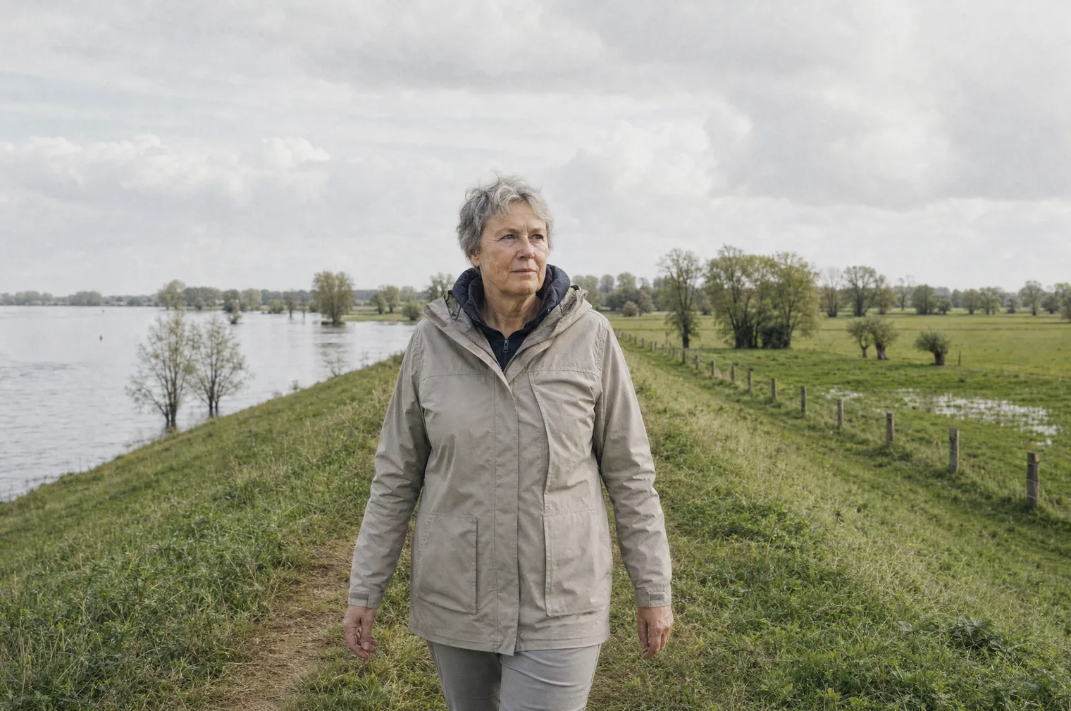 Eine Frau in den 60ern mit kurzem grauem Haar und einer hellen Regenjacke geht über einen Grasdeich, auf der einen Seite der Fluss, auf der anderen Seite Wiesen mit Weiden.