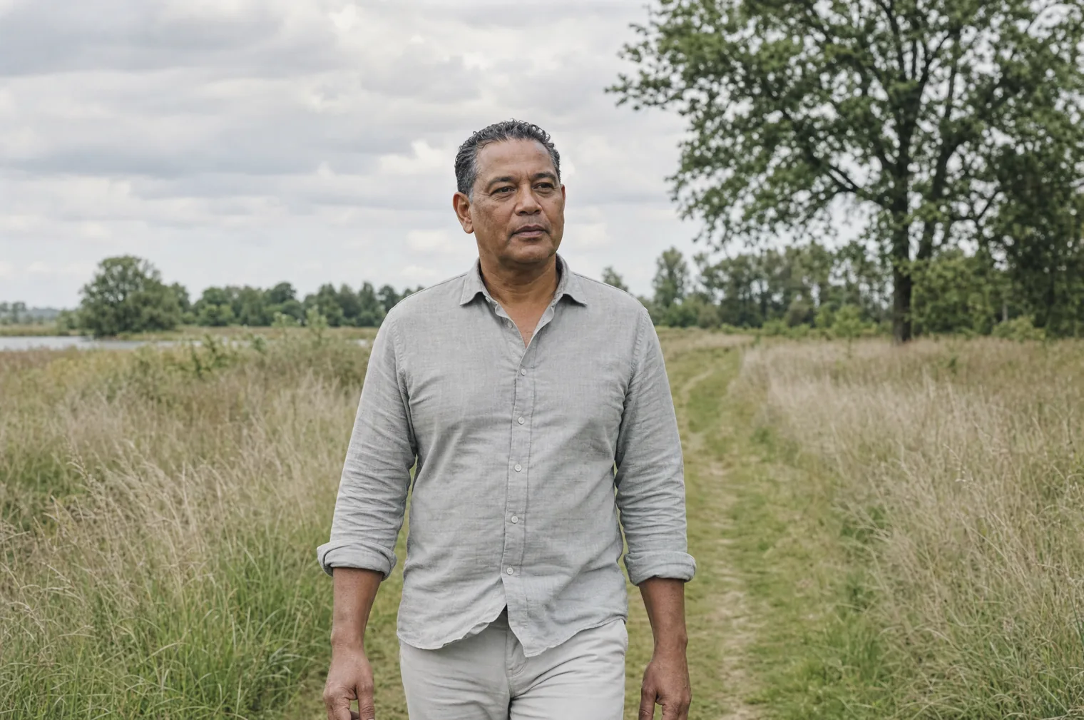 A man of around 50 with short greying hair and a light grey linen shirt walks along a narrow grass path through tall grass, with water and trees in the background.