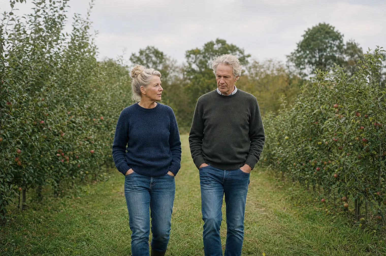 A woman and a man of around 60 with grey hair walk side by side along a grass path between fruit trees in an orchard, hands in their pockets.