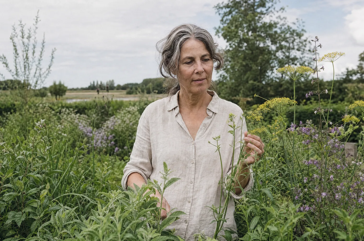 Una mujer de unos 50 años con el pelo canoso y una blusa de lino observa las flores y las hierbas de un huerto soleado.