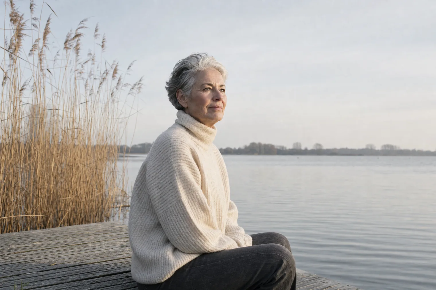 A woman in their 60s with short grey hair and a cream-coloured wool jumper sits on a wooden jetty next to the reeds and looks out over a lake.