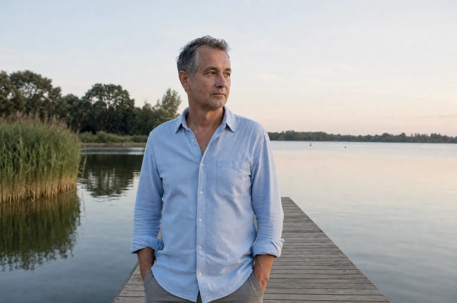 A man of around 53 in a light blue shirt stands on a wooden jetty by a still lake in soft evening light, looking to the side.