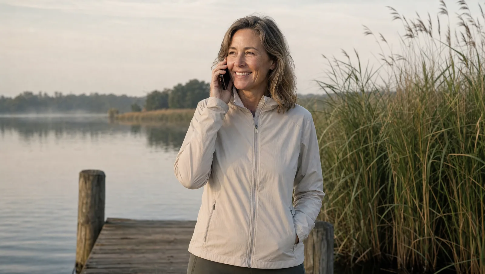 Een vrouw van begin vijftig in een lichte hardloopjas belt op een houten steiger aan een meer met riet, na het hardlopen in de ochtend.