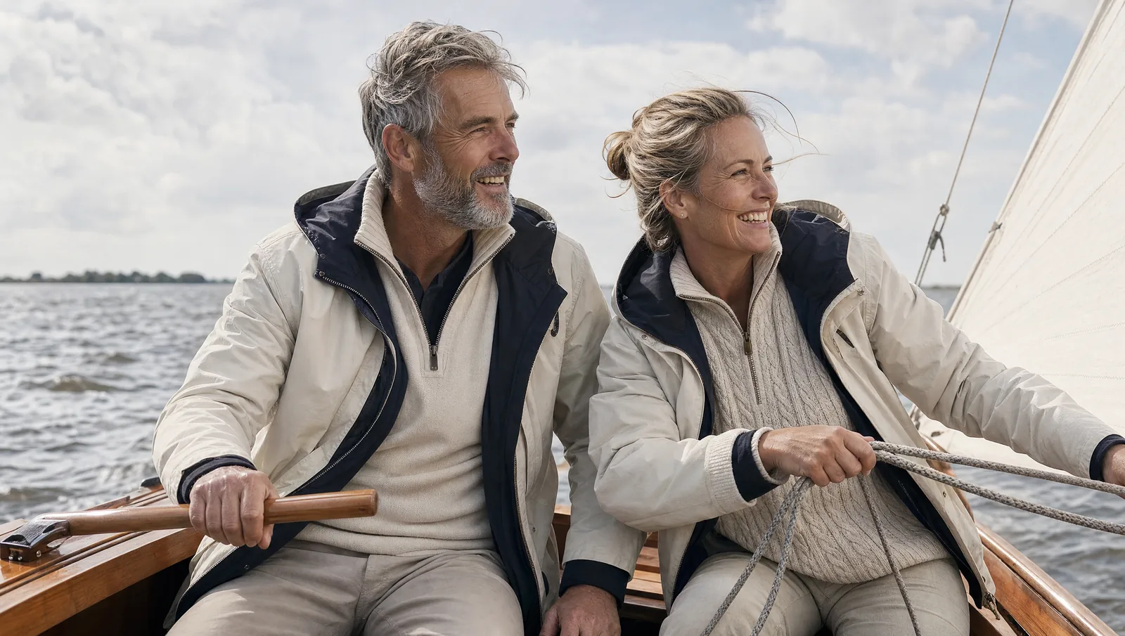 Een man en een vrouw van begin vijftig zeilen samen in een houten zeilboot op een Fries meer; de man houdt het roer vast, de vrouw trekt aan de schoot.