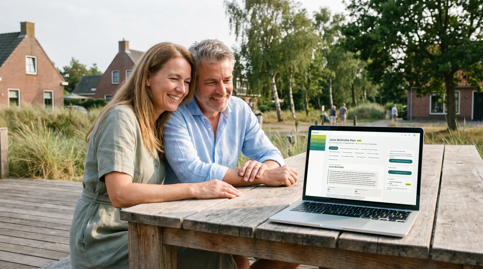 Een stel van begin vijftig zit aan een houten tafel op het terras van hun huis bij de duinen en bekijkt samen een BioProfile-plan op de laptop.
