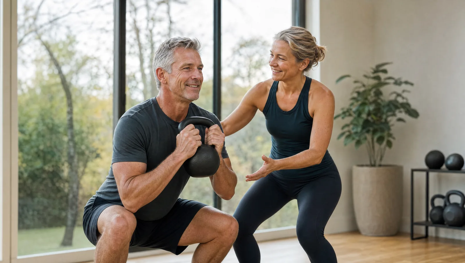 Een man van begin vijftig doet een squat met een kettlebell in een lichte trainingsruimte, naast een coach die de beweging begeleidt.