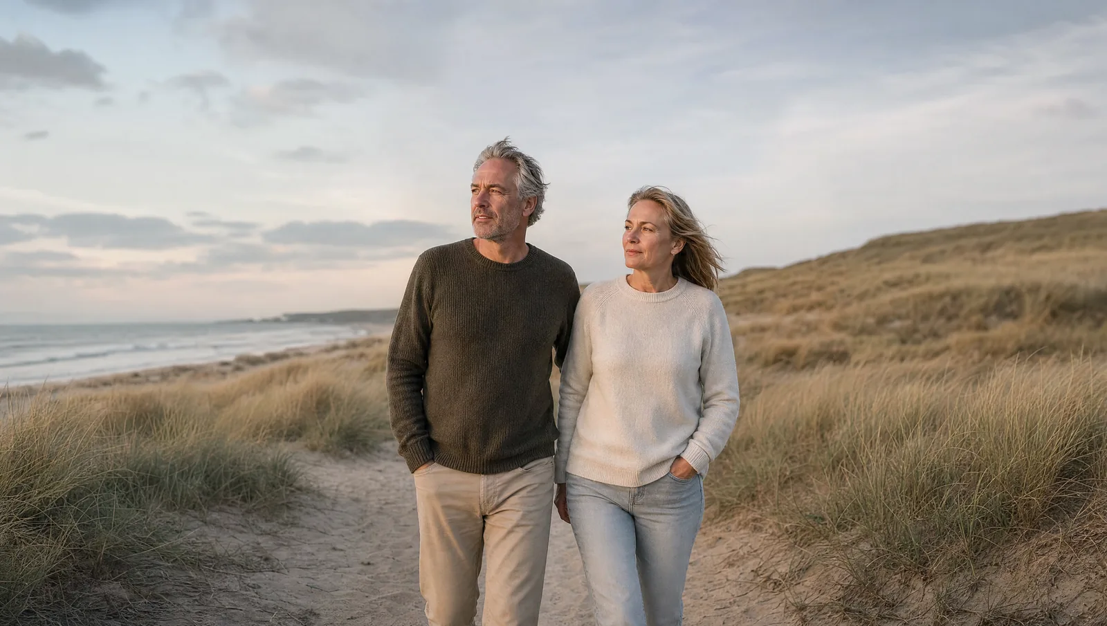 Een stel van begin vijftig wandelt naast elkaar over een zandpad door de duinen in het late avondlicht.