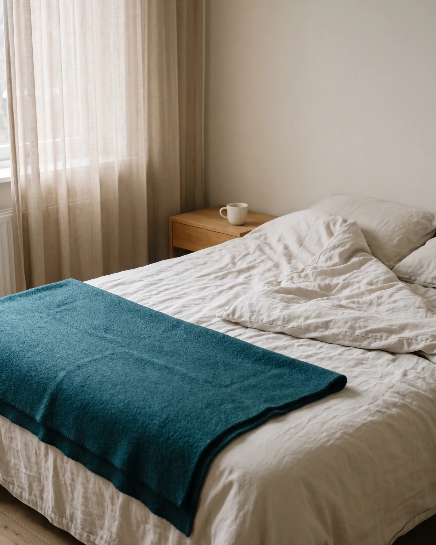Een opengeslagen bed in grijs ochtendlicht, het linnen nog gekreukt, een kopje op het nachtkastje.