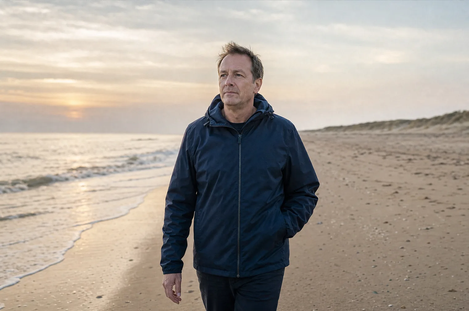 Ein Mann um die 50 mit kurzem braunem Haar und dunkelblauer Windjacke geht bei Sonnenaufgang einen breiten Strand am Meer entlang, im Hintergrund Dünen.