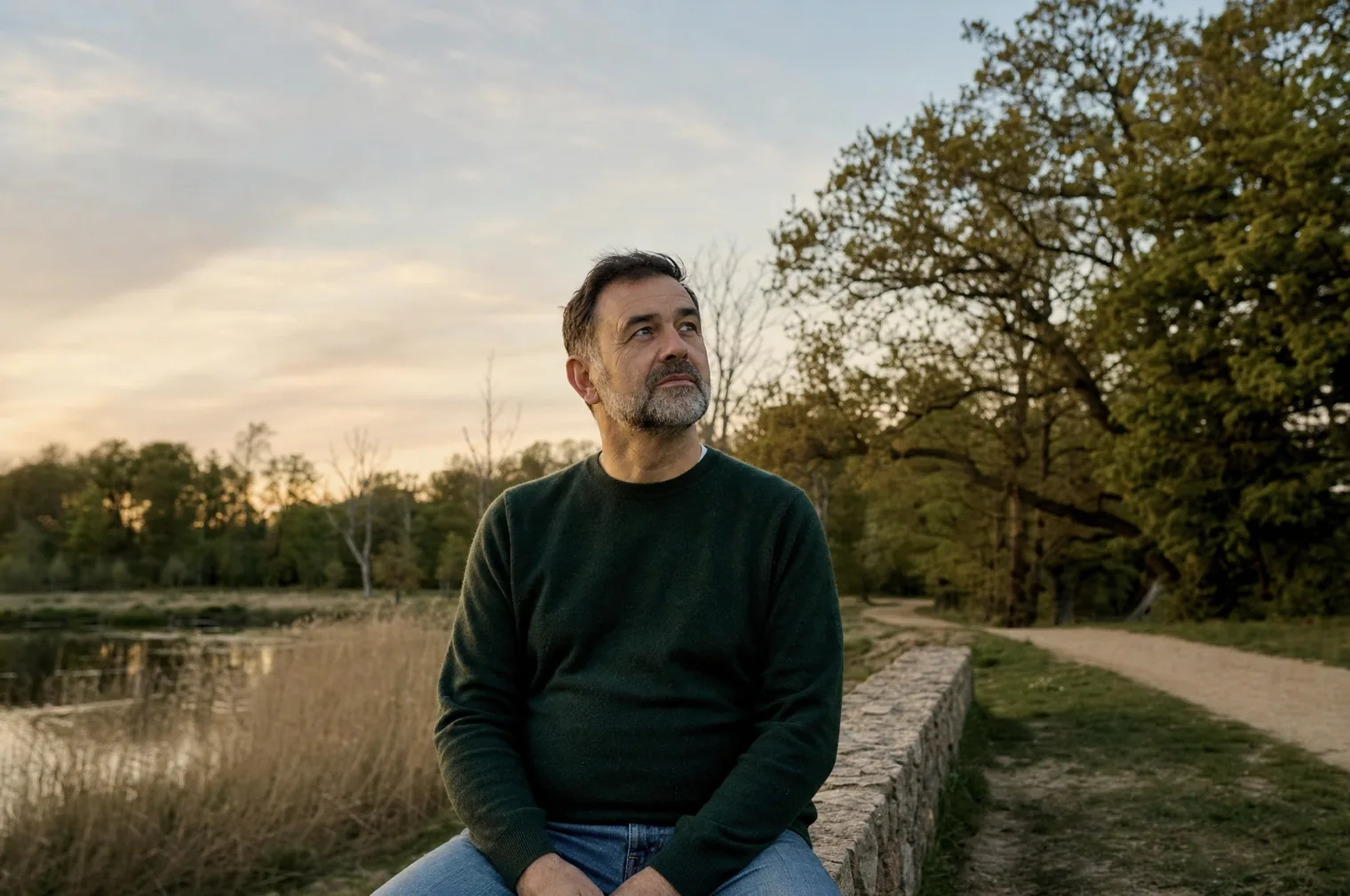 Ein Mann um die 50 mit kurzen dunklen Haaren, einem grauen Bart und einem dunkelgrünen Pullover sitzt auf einer niedrigen Steinmauer an einem Teich mit Schilf und blickt hinauf in den Abendhimmel.