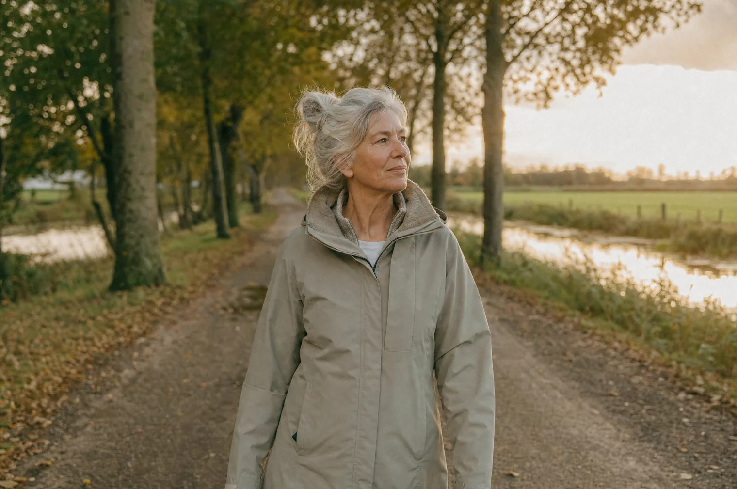 Eine Frau um die 60 mit silbergrauen Haaren, zu einem lockeren Knoten gebunden, und einem hellen Regenmantel geht auf einem Feldweg mit einer Baumreihe an einem Graben und einer Weide entlang und blickt im Abendlicht zur Seite.
