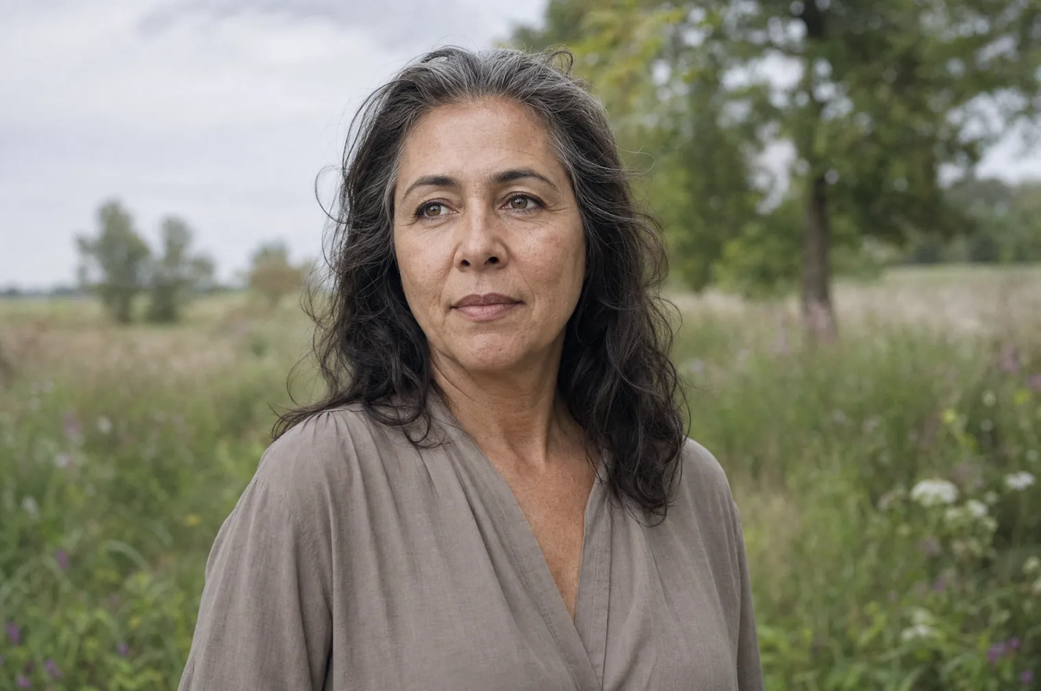 Eine Frau in den 50ern mit langem dunklem Haar mit grauen Strähnen und einer taupefarbenen Bluse steht in einem grünen Garten mit Wildblumen und blickt knapp an der Kamera vorbei.