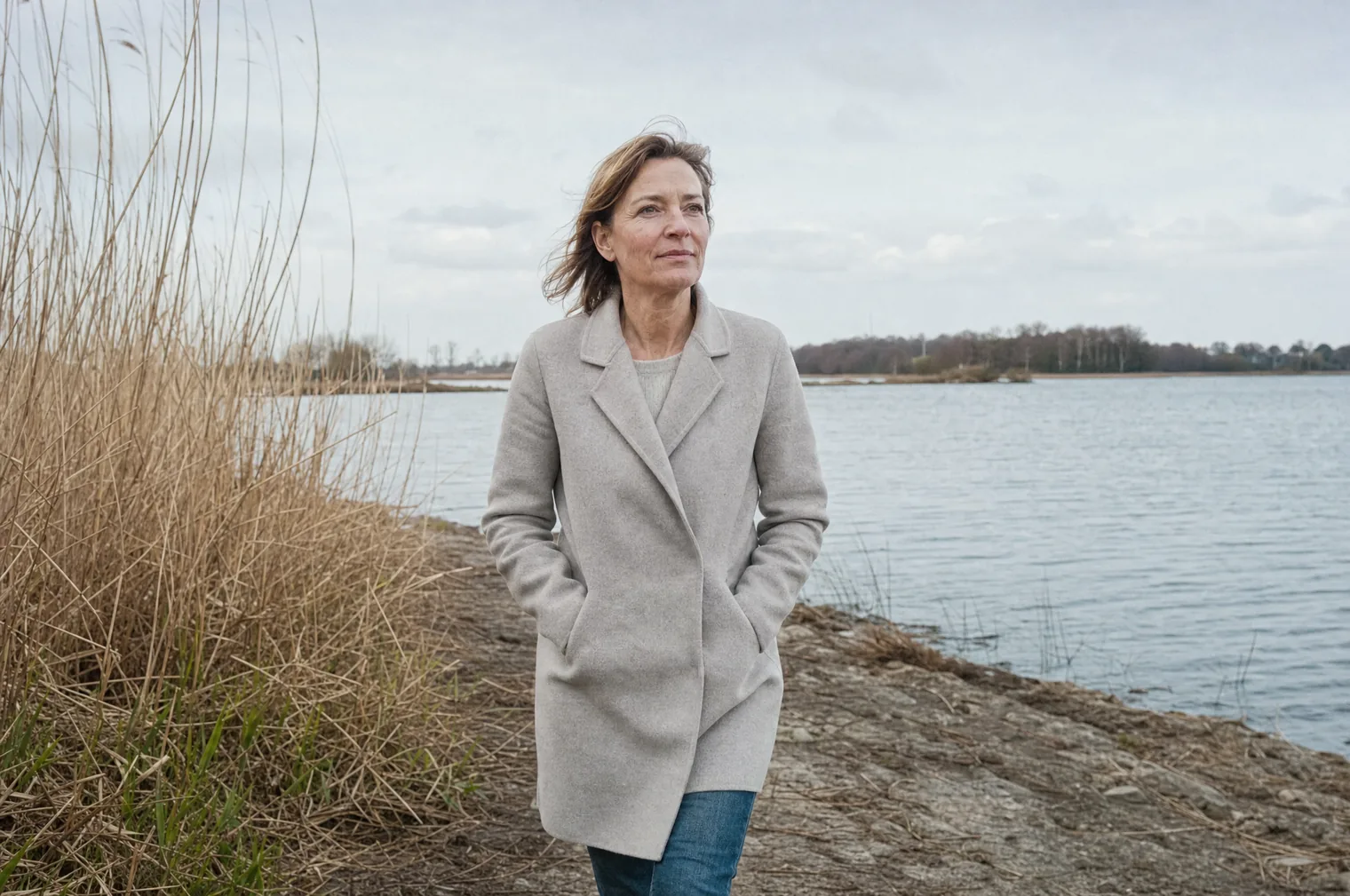 Eine Frau um die 50 mit hellbraunem Haar und einer hellgrauen Jacke geht mit den Händen in den Taschen an einem See mit Schilf entlang.