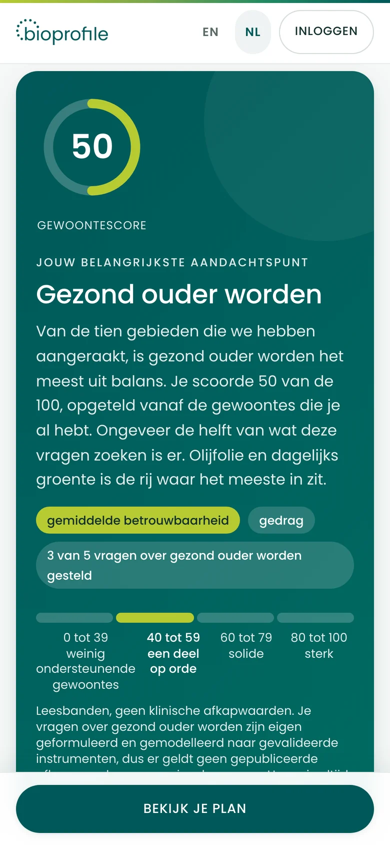 De resultatenpagina van de BioProfile-app op een telefoon: de score van het belangrijkste aandachtspunt in een ring, met de leesband eronder.