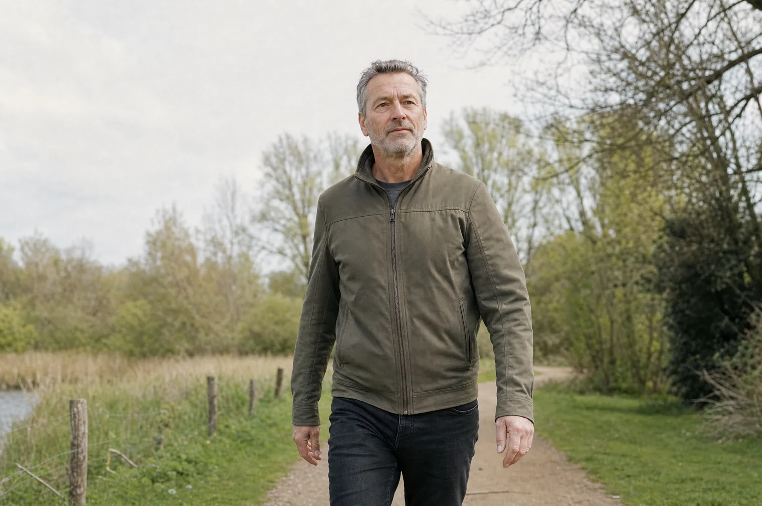 A man in their 50s with short grey hair and an olive green coat walks along a path beside water, reeds and a wooden fence.