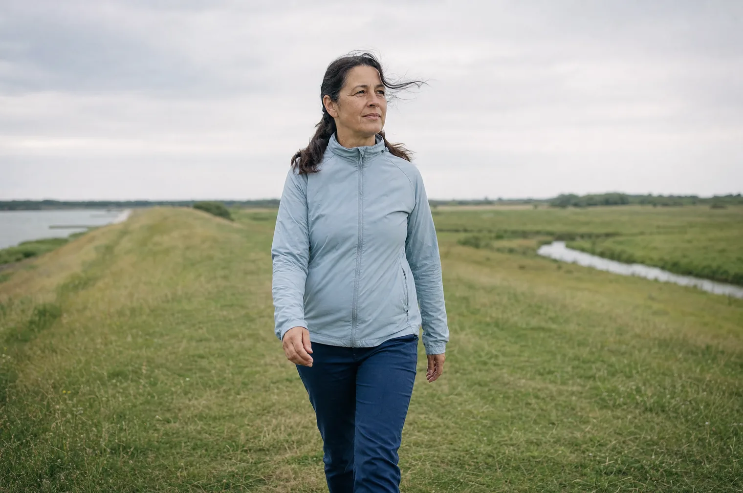 A woman of around 45 with dark hair tied back and a light blue coat walks along a grass dyke between open water and a ditch through the meadows.