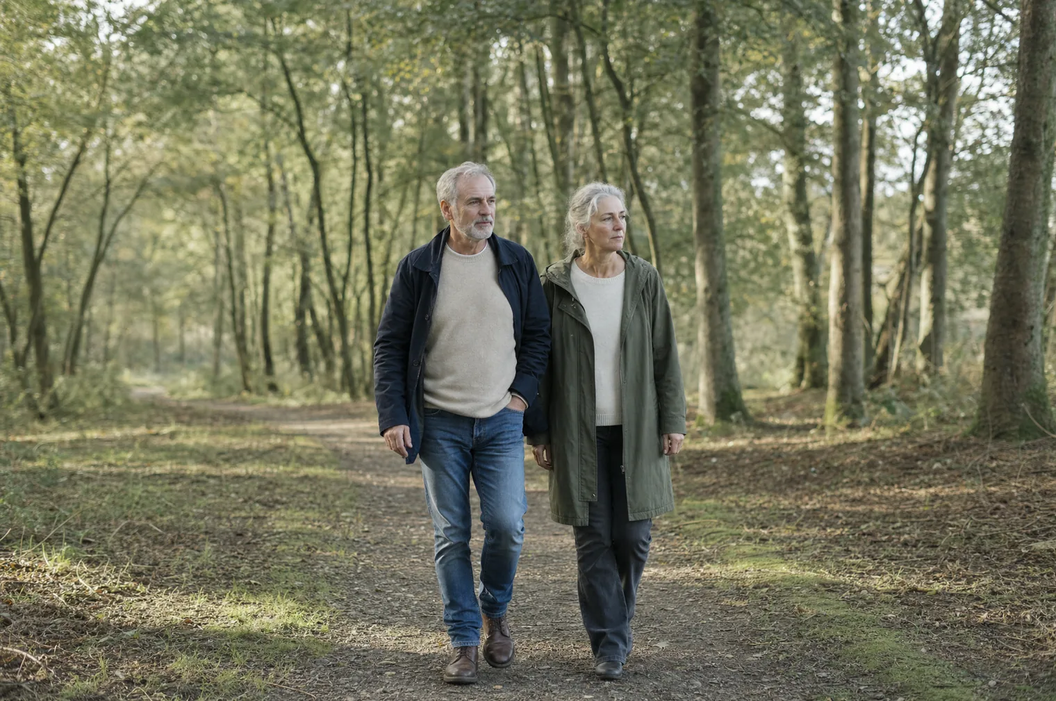 A man and a woman in their 50s with grey hair walk side by side along a sunny forest path between tall trees.