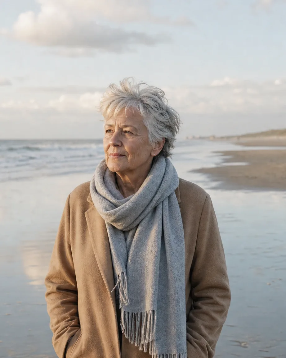 Een vrouw van rond de 65 met kort zilvergrijs haar en een sjaal op het strand bij laag licht, de blik over zee.