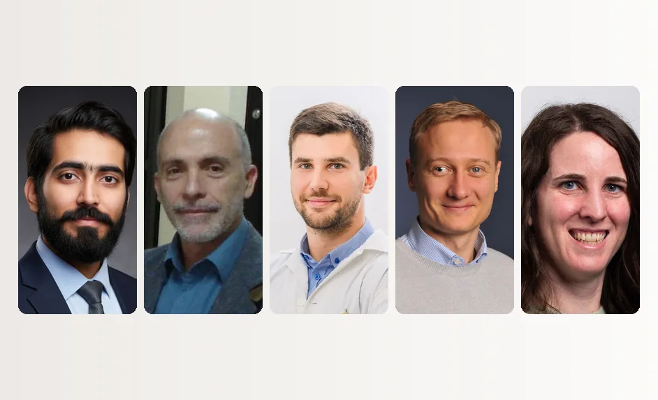 Die Porträts von fünf Experten von BioProfile nebeneinander: Adil Maqbool, Carlos Mendoza Montano, Dimitar Marinov, Justinas Šlikas und Sonia Sanz Muñoz.