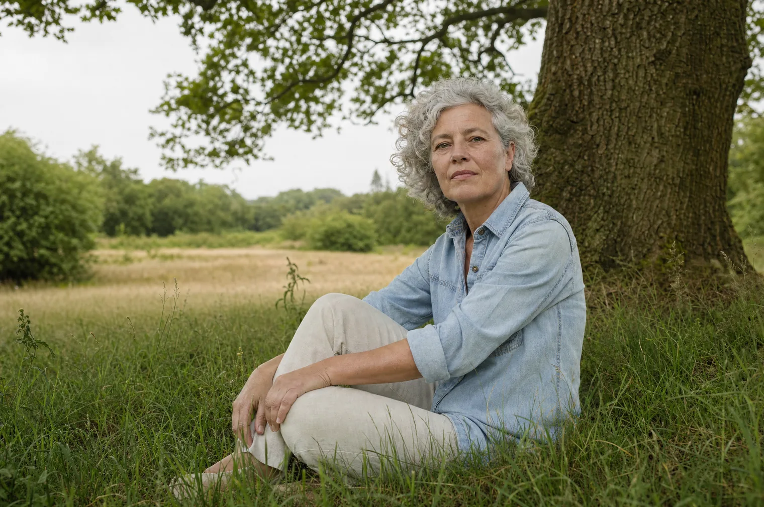 A woman of around 60 with grey curly hair and a denim shirt sits in the grass under a large oak at the edge of a field.