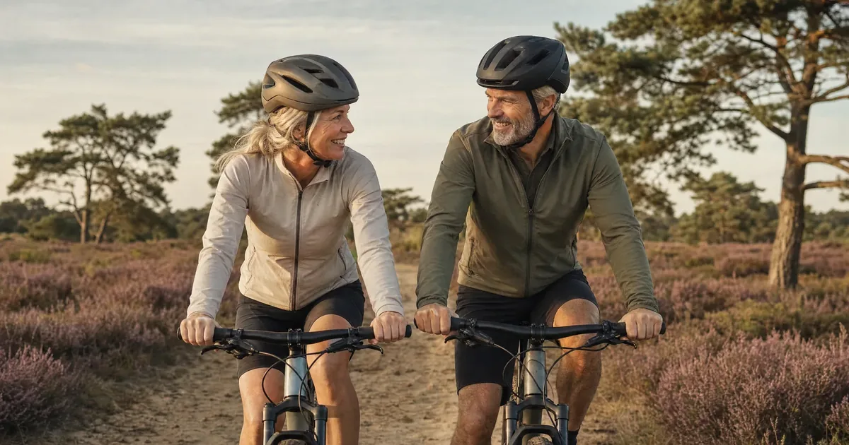 Bewegen is gezond en kan samen: een man en een vrouw van begin vijftig fietsen op mountainbikes over een zandpad door de paarse heide met grove dennen en lachen naar elkaar.