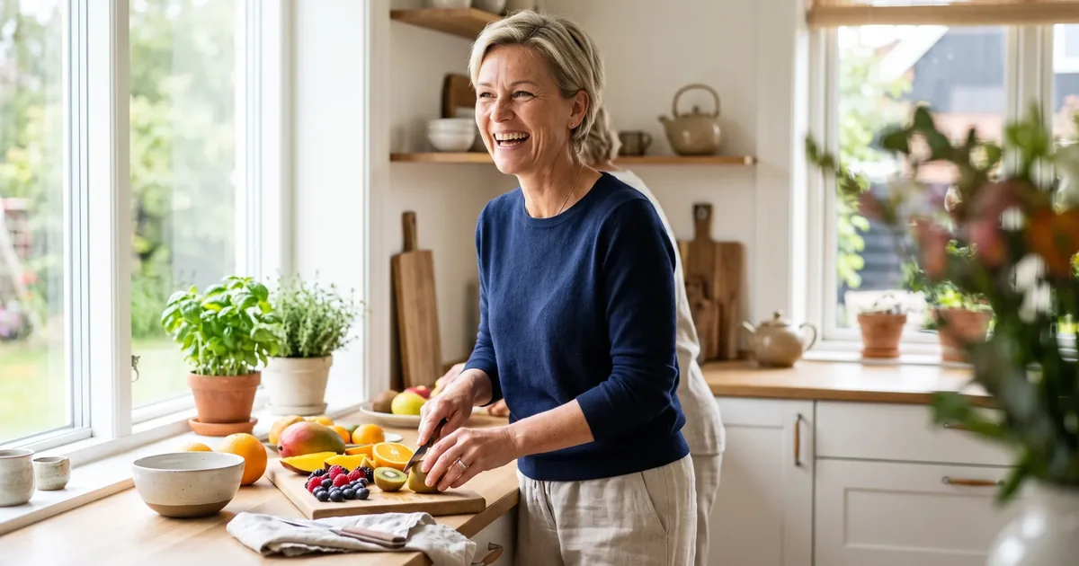 Lachende vrouw van ongeveer 52 snijdt vers fruit in een lichte keuken bij ochtendlicht, een beeld bij een verhaal over biomarkers en bloedwaarden.