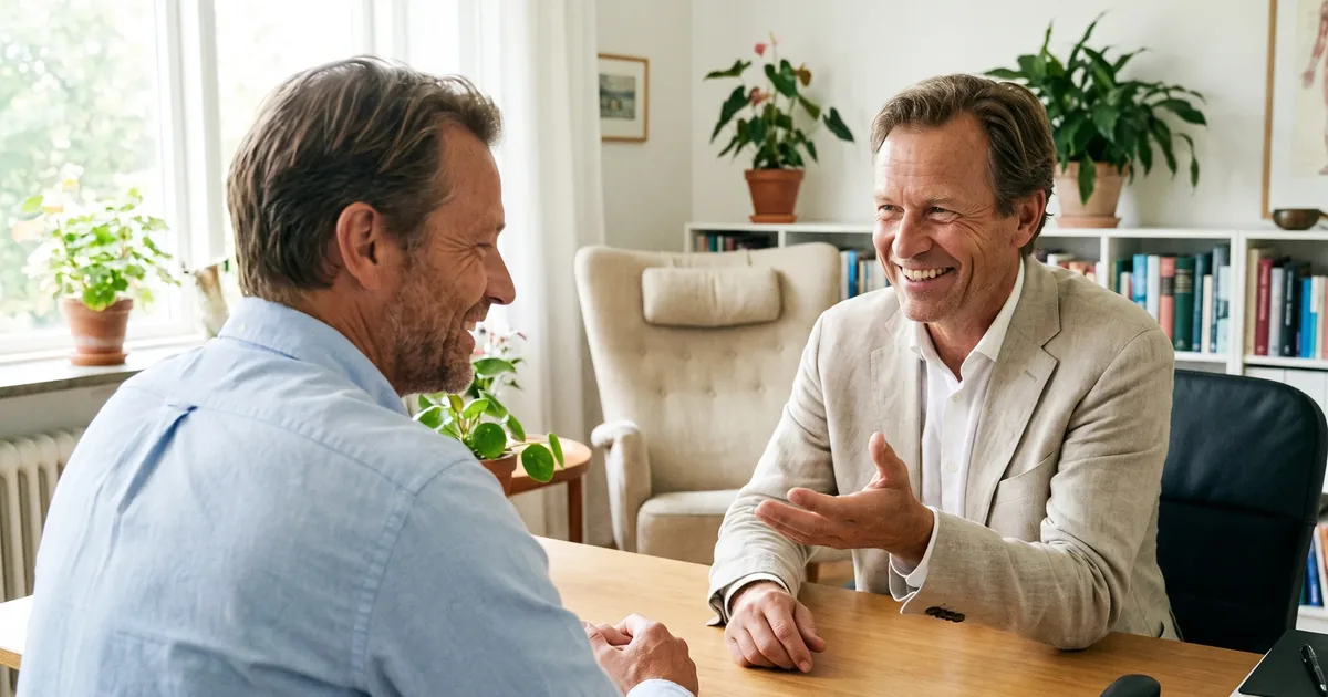 Man van ongeveer 55 in gesprek met een huisarts van rond de 50 in een lichte spreekkamer, beiden glimlachen.