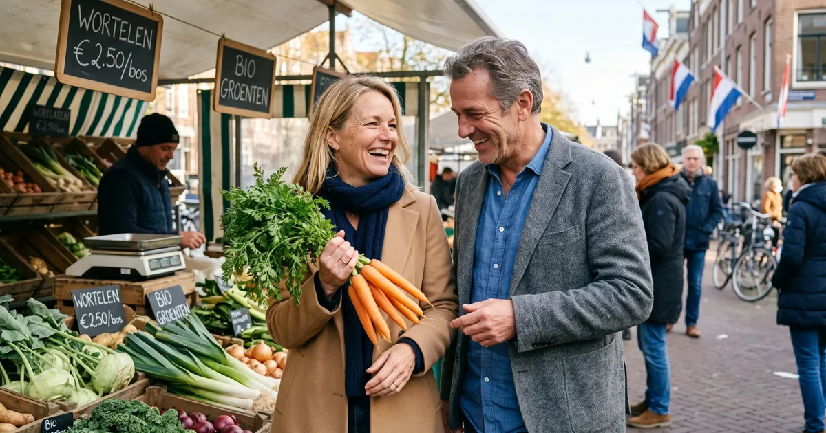 Vrouw van ongeveer 49 en man van ongeveer 54 kiezen lachend groente uit op een buitenmarkt.