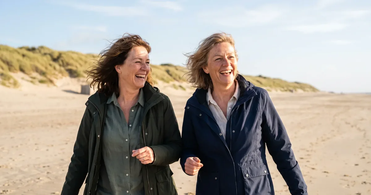Twee vrienden van rond de 50 wandelen lachend en stevig door over een breed strand aan de Noordzee.