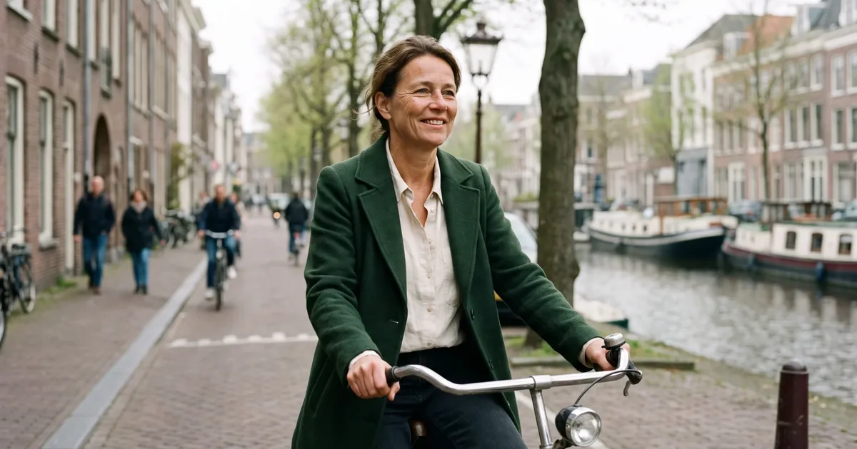 Vijftiger fietst in een nette wollen jas glimlachend langs een gracht op een heldere ochtend.