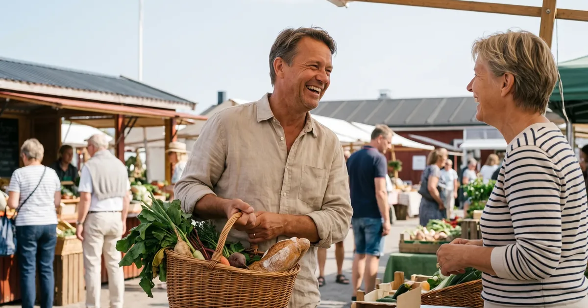 Vijftiger loopt met een rieten mand vol verse groente over een buitenmarkt en lacht met een marktkoopman.