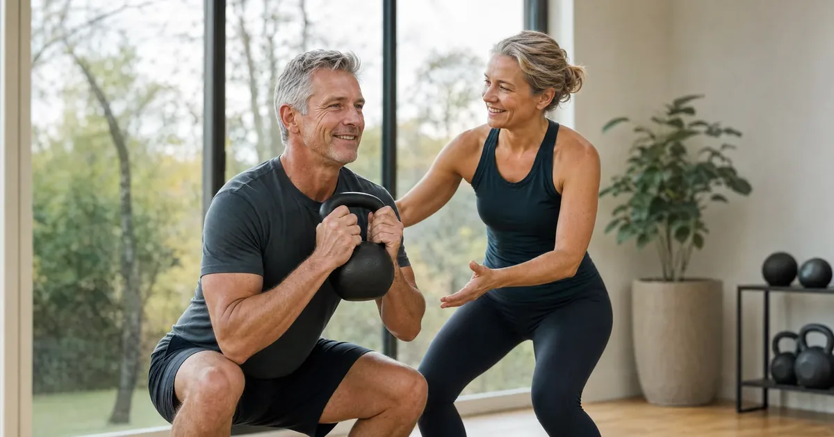 Een man van begin vijftig doet een squat met een kettlebell in een lichte trainingsruimte, naast een coach die de beweging begeleidt, bij de vraag waarom je soms geen spierpijn na sporten hebt.