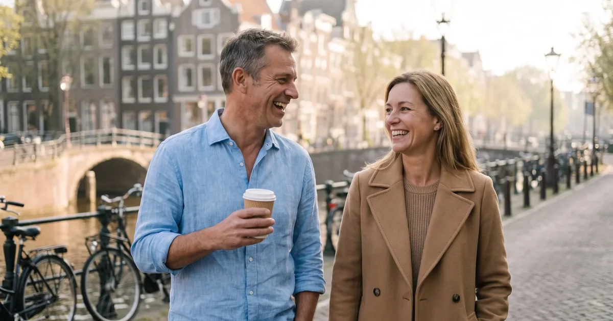 Een gezonde bloeddruk merk je niet vanzelf: een man en een vrouw van middelbare leeftijd lopen lachend langs een Amsterdamse gracht tijdens een wandeloverleg in het ochtendlicht.