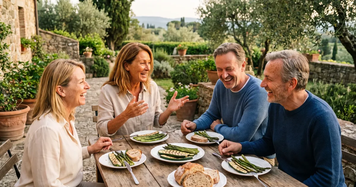 Vier vrienden van middelbare leeftijd zitten lachend aan een lange houten tafel op een tuinterras in het avondlicht, met borden gegrilde groente en brood.