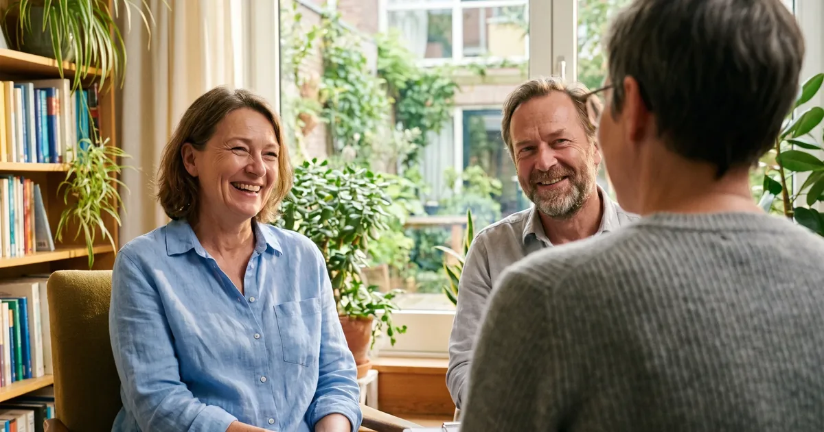 Een cliënt van 54 lacht tijdens een gesprek met een psycholoog van rond de vijftig in een lichte praktijkruimte met planten.