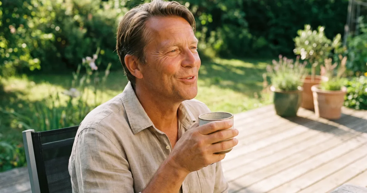 Een vijftiger in een linnen overhemd zit ontspannen op een zonnig houten terras met een kop koffie en ademt rustig en glimlachend in.