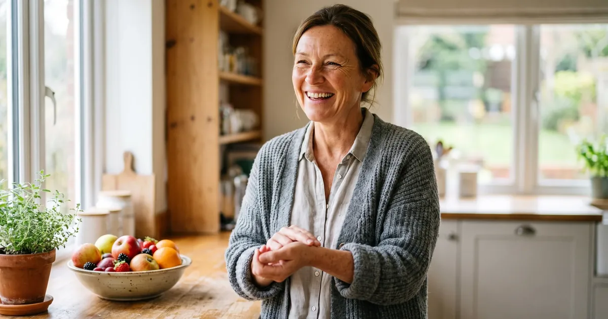 Een thuismeter van 49 staat bij het raam in een lichte keuken en voelt glimlachend de pols met twee vingers om de hartslag te tellen.