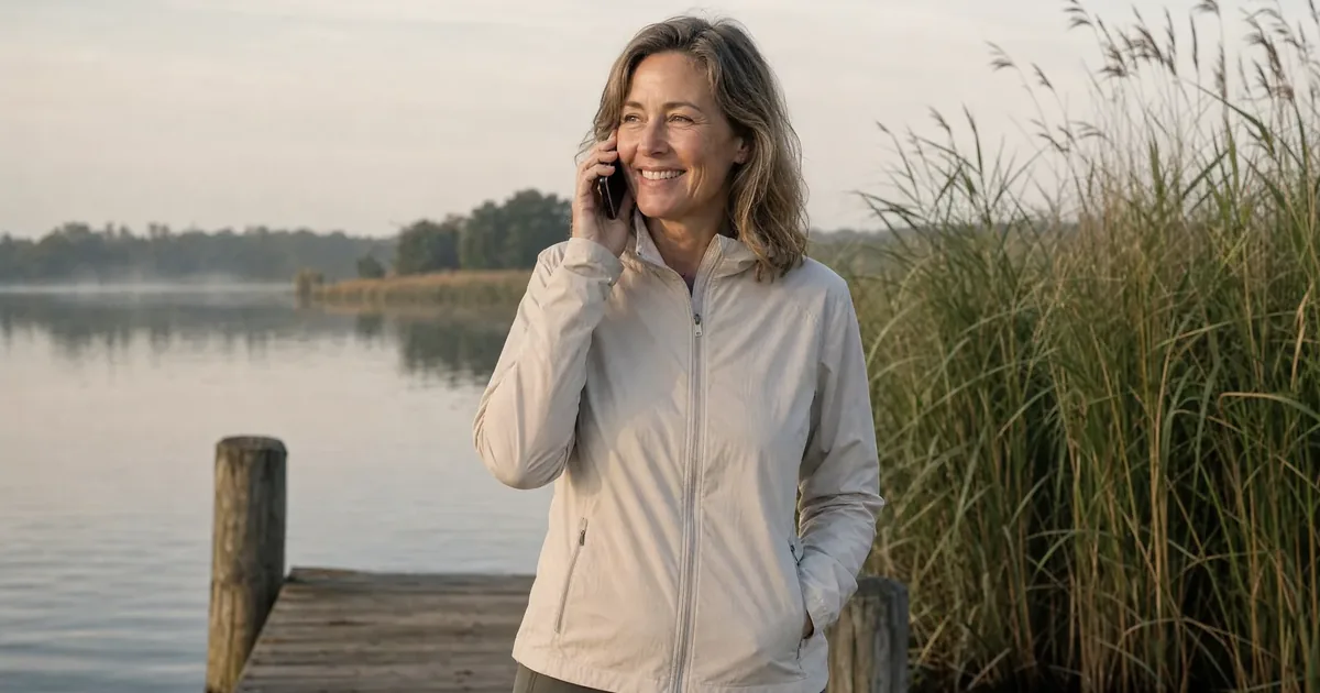 Een vrouw van begin vijftig in een lichte hardloopjas belt op een houten steiger aan een meer met riet, na het hardlopen in de ochtend; beeld bij de vraag waarom je moe en kortademig na inspanning kunt zijn.