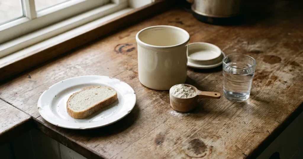 Een bord met een onaangeroerde snee brood, een potje zonder etiket en een maatschepje op een houten keukenblad in het ochtendlicht, een ontbijtmoment voor wie aan plantaardig eten denkt