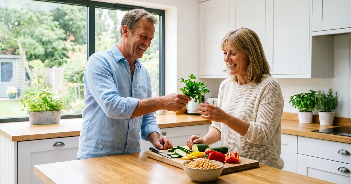 A middle-aged couple cook together in a bright kitchen, with sliced courgette, peppers and a bowl of chickpeas on the worktop.