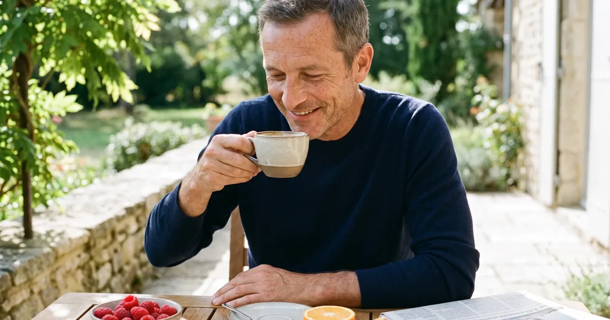 A middle-aged man smells a cup of coffee at a breakfast table on a sunny terrace, with a bowl of raspberries and half an orange on the table.