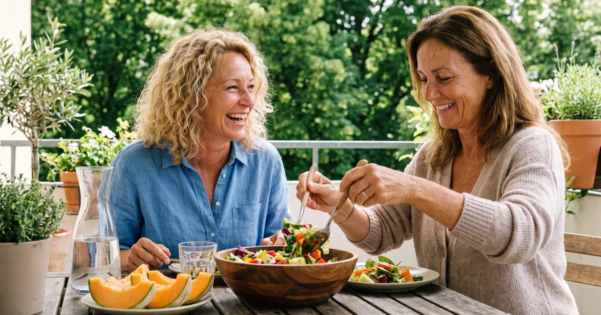Two middle-aged friends laugh over lunch on a sunny balcony, with a large, colourful salad and a plate of sliced melon on the table.