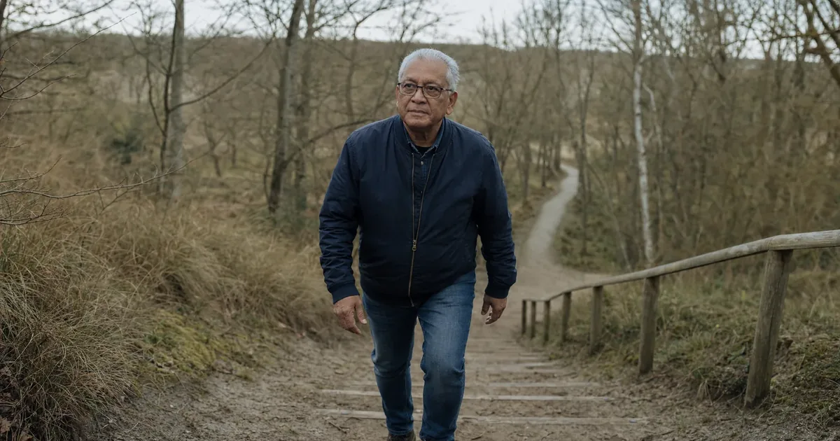 Rustig in beweging blijven bij sporten met spierpijn na 48 uur: een man van in de 60 met grijs haar en een bril, in een donkerblauw jack, loopt rustig een houten trap op langs een leuning in een duinbos met berken.