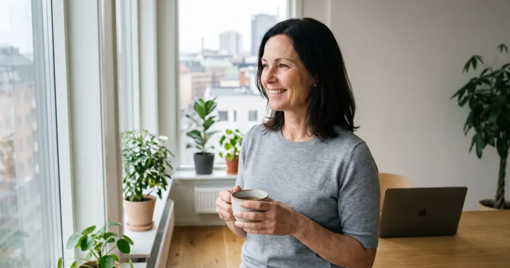 Rust in een werkdag, waar transcendente meditatie bij werkstress op werd getest: een vrouw van middelbare leeftijd staat glimlachend met een kop thee bij het raam van een licht kantoor.