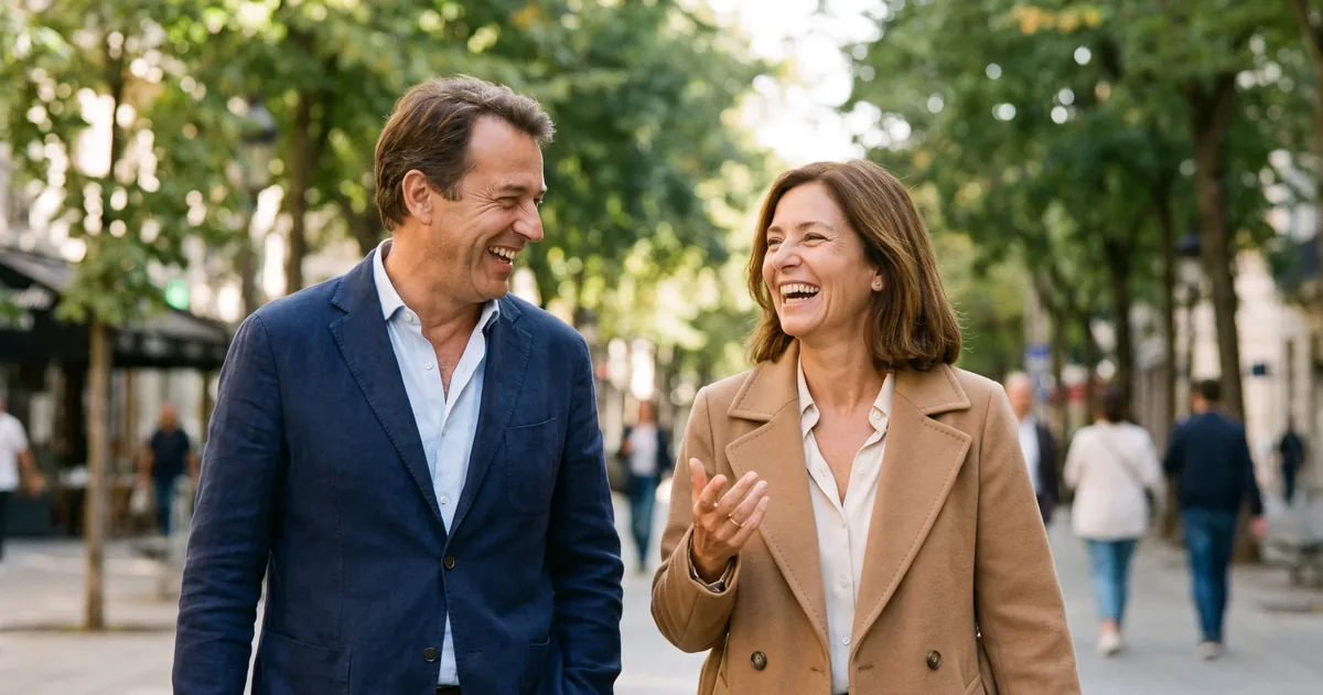 Twee collega's van middelbare leeftijd lopen lachend door een zonnige stadsstraat tijdens de lunchpauze.