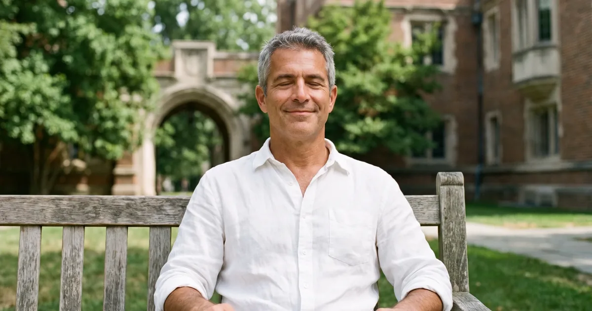 Een man van middelbare leeftijd zit met gesloten ogen ontspannen op een houten bank in een zonnige binnentuin van een universiteit.